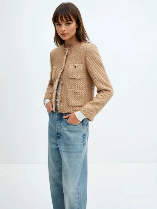 Cardigan in tweed monopetto con scollo tondo