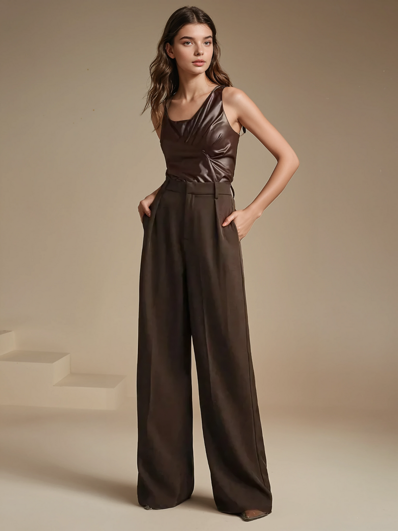 High Waist Wide Leg Trousers With Pleats And Zipper
