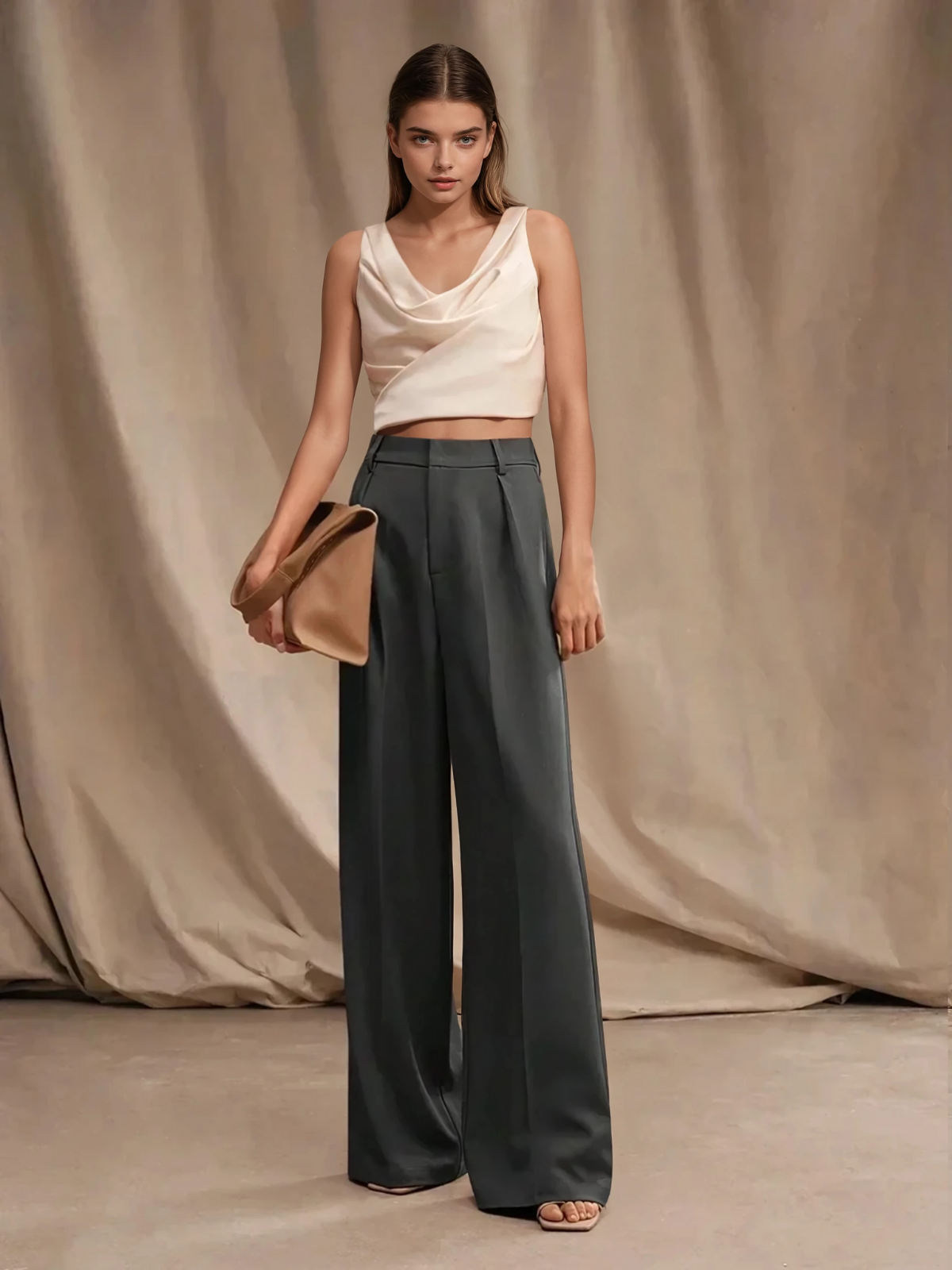 High Waist Wide Leg Trousers With Pleats And Zipper