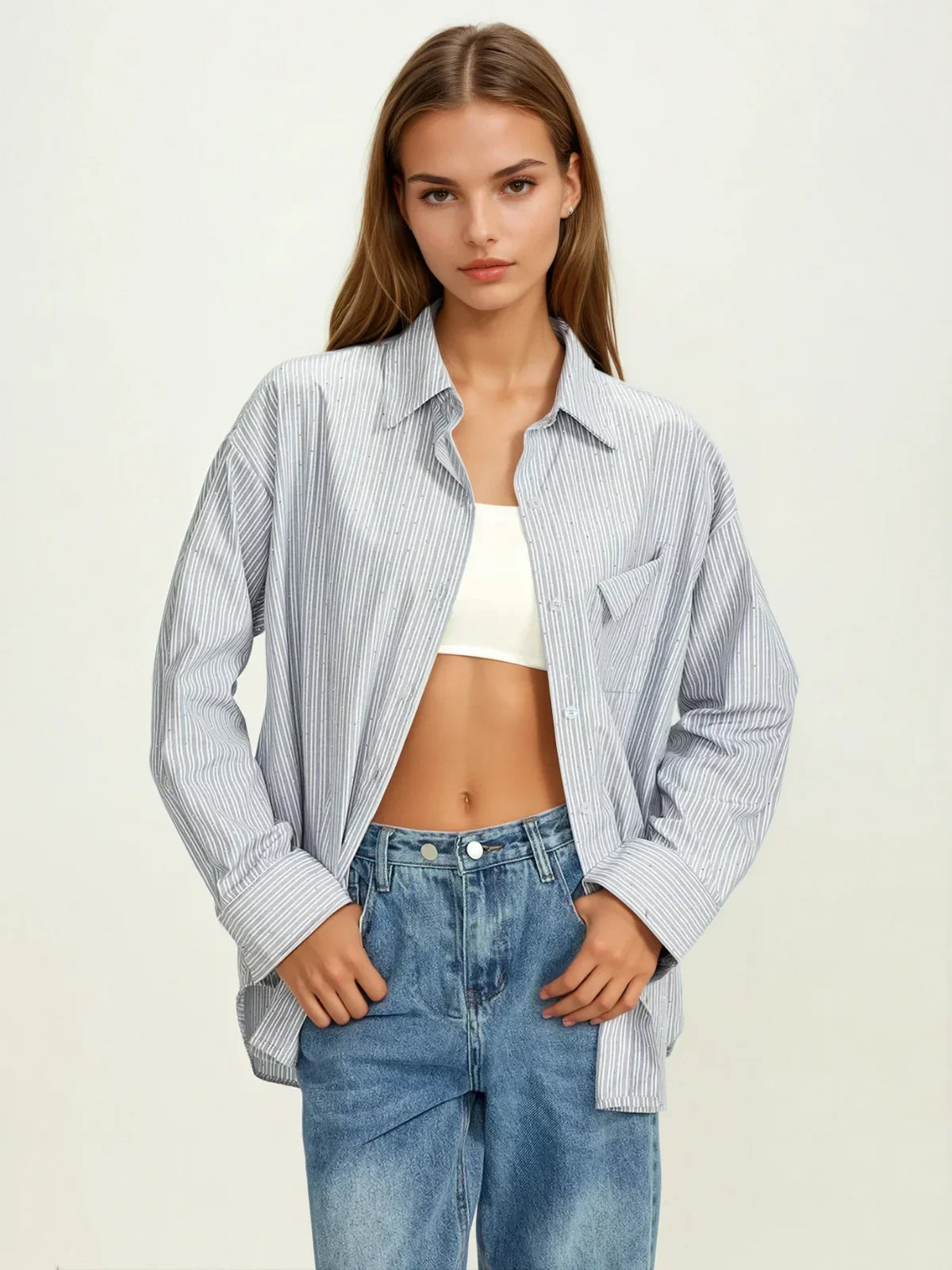 Rhinestone Dot Pinstripe Long Sleeves Pocket Shirt - LA FEMME WANDERER