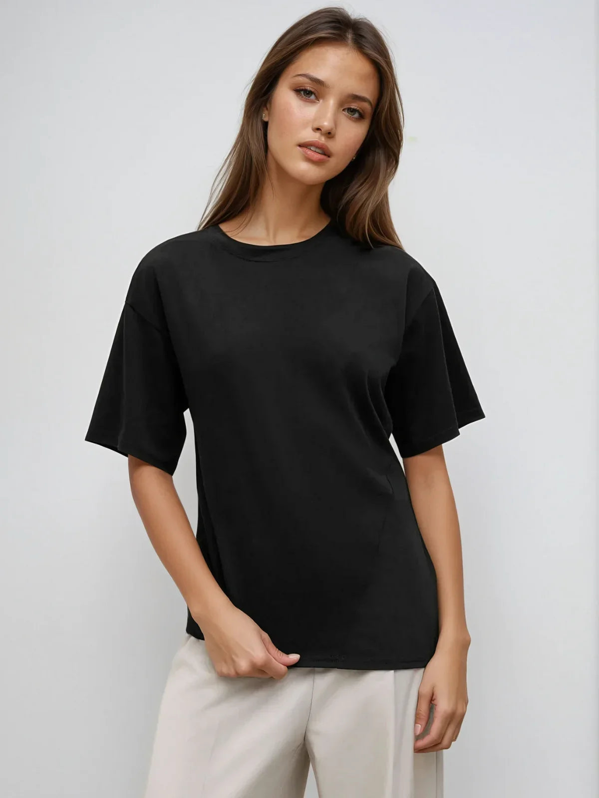 Smart Casual Cotton-blend Asymmetrical Hem Tee - LA FEMME WANDERER