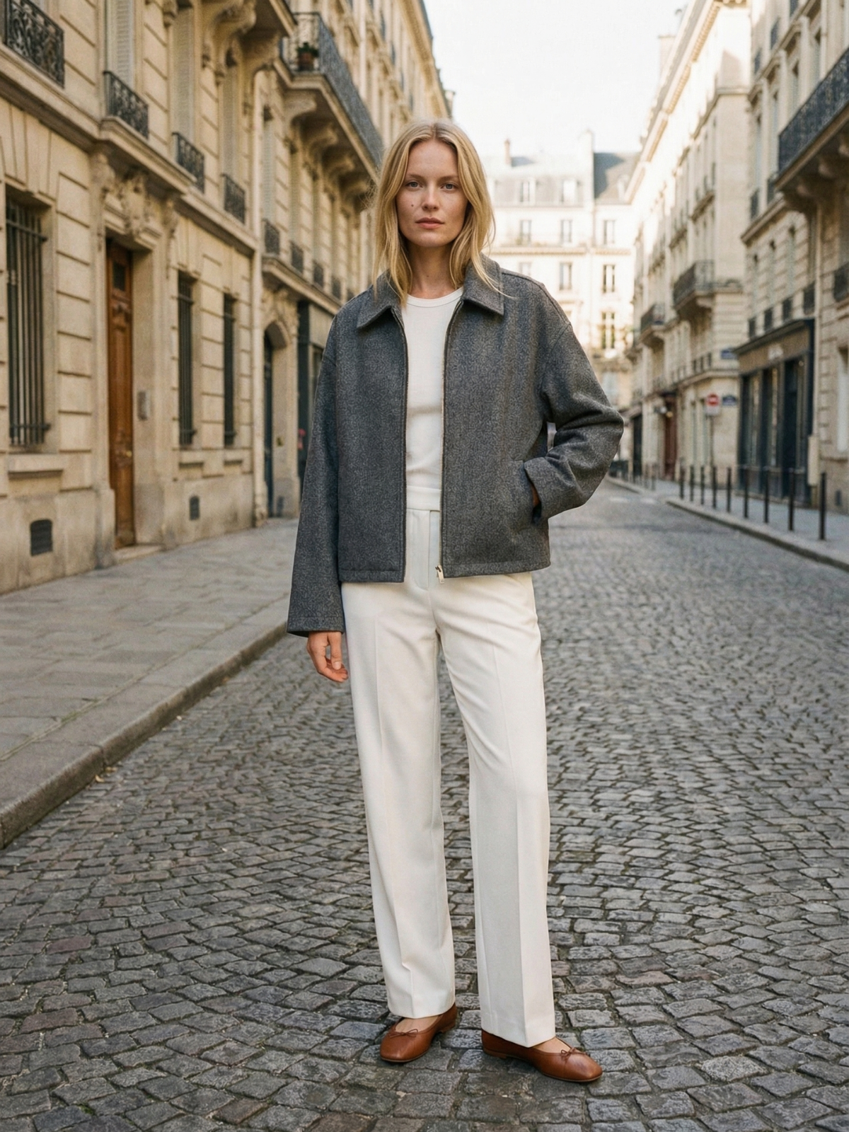 Giacca minimalista autunnale in misto lana con revers e cerniera