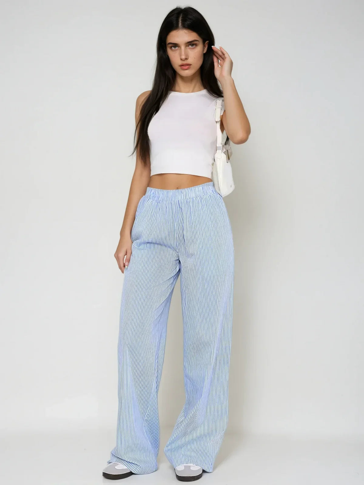 Elastic High Waist Wide Leg Striped Pants - LA FEMME WANDERER
