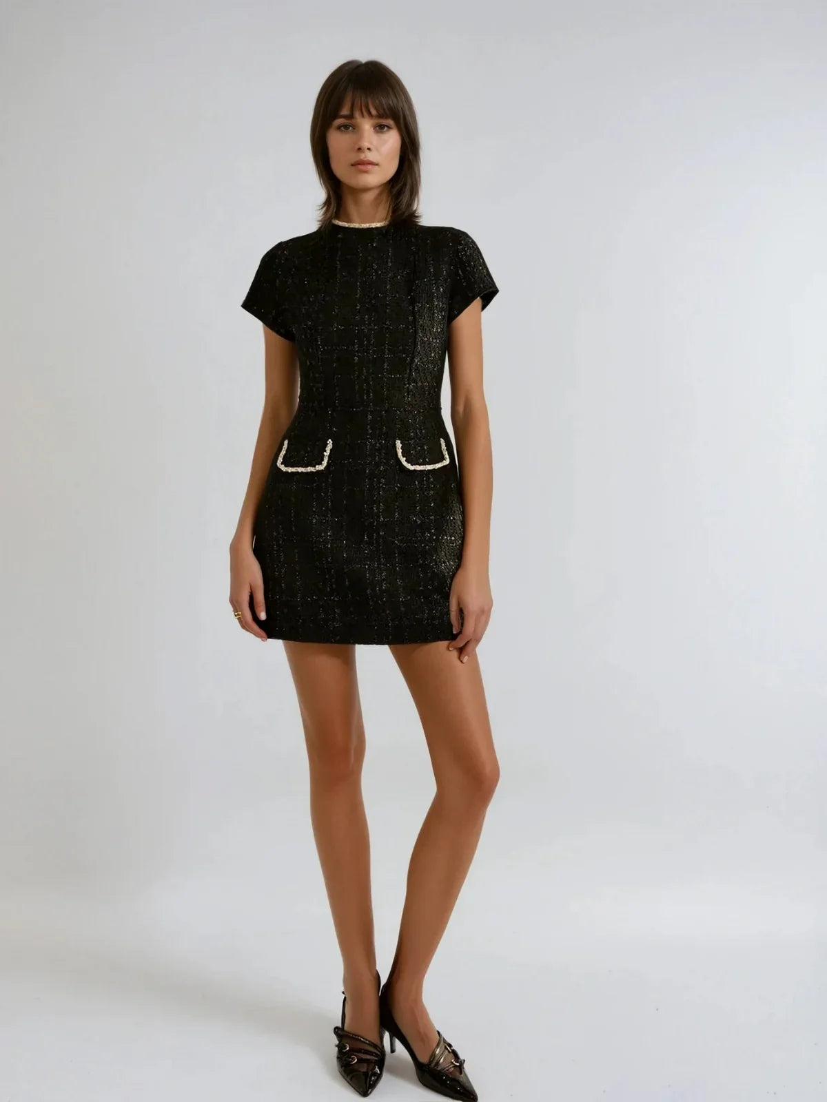 Slim Fit Elegant Style Short Sleeve Tweed Dress - LA FEMME WANDERER