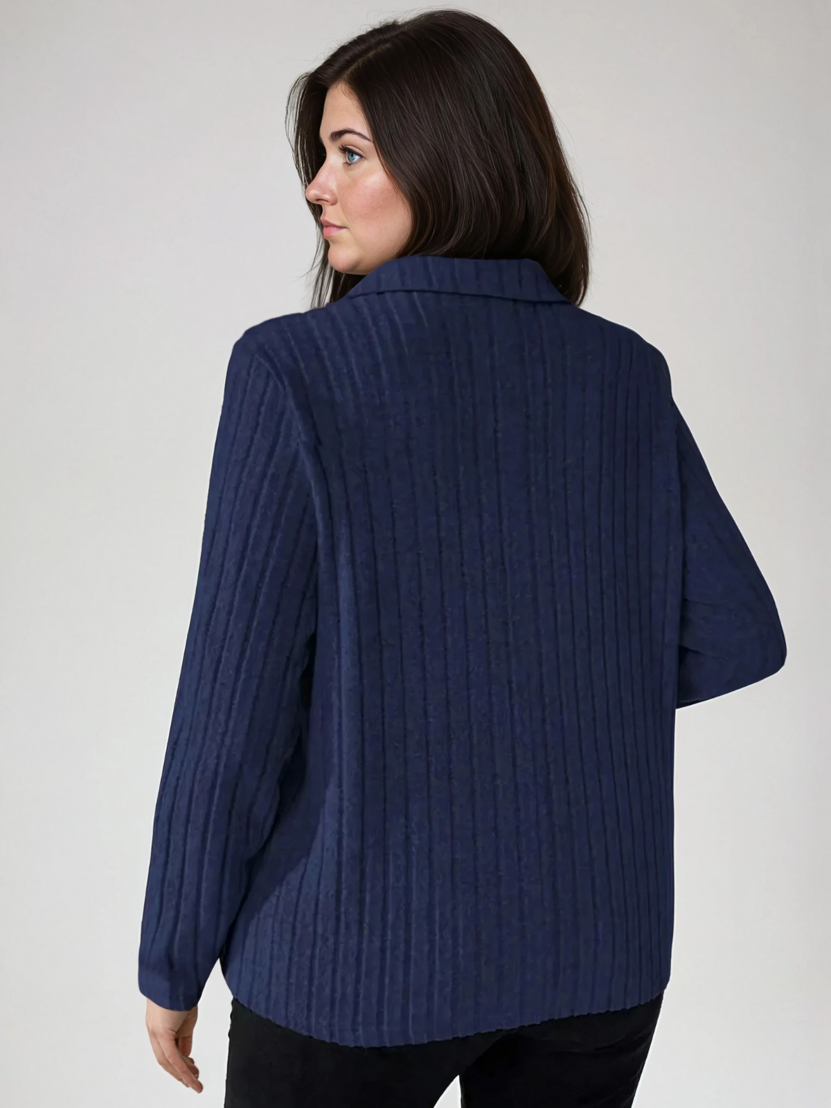 Plus Size Ribbed Turndown Collar Long Sleeve Tee Casual