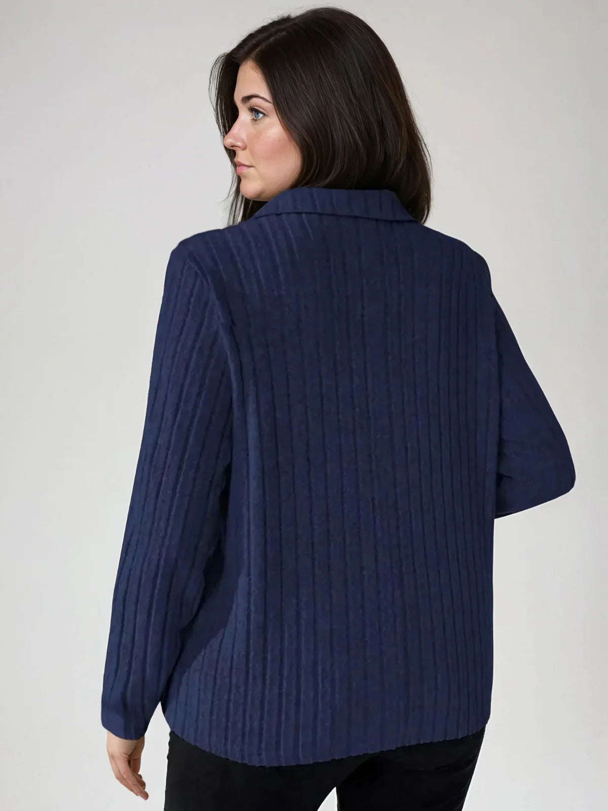 Plus Size Ribbed Turndown Collar Long Sleeve Tee Casual - LA FEMME WANDERER