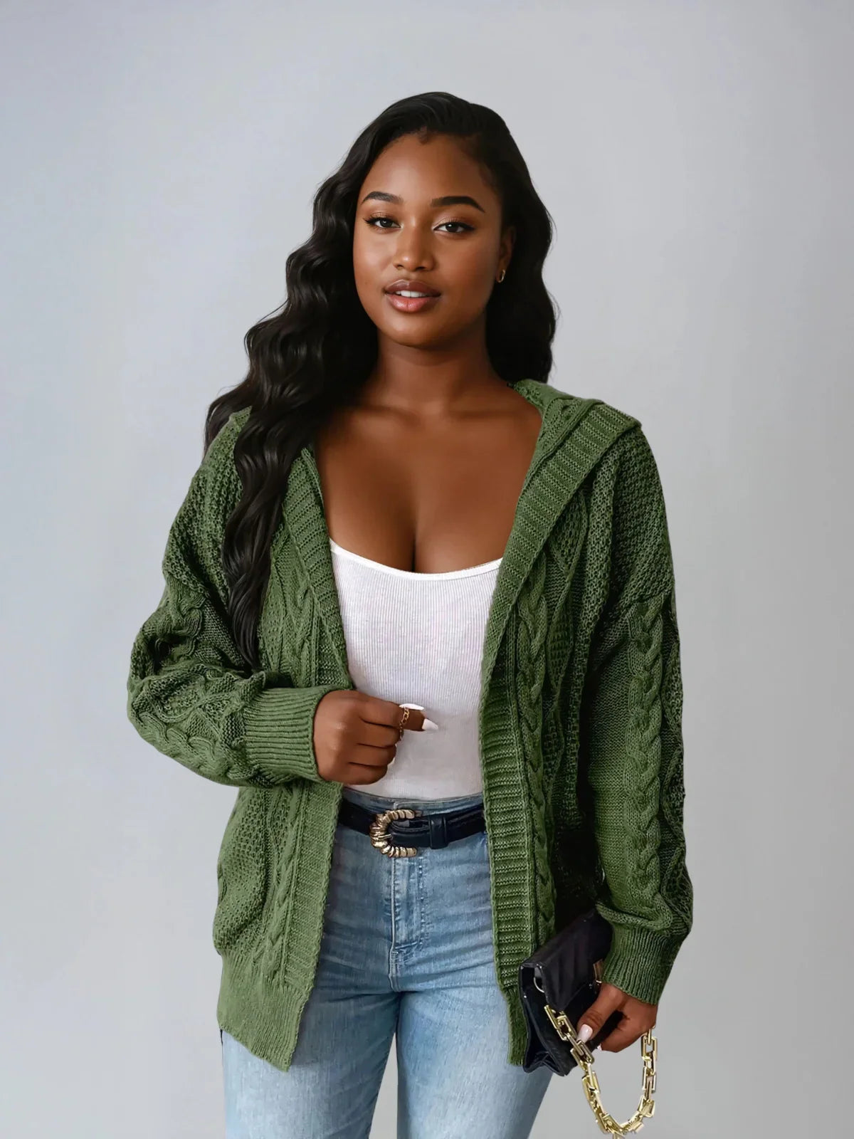 Plus Size Hooded Cable Knit Cardigan Open Front Casual - LA FEMME WANDERER