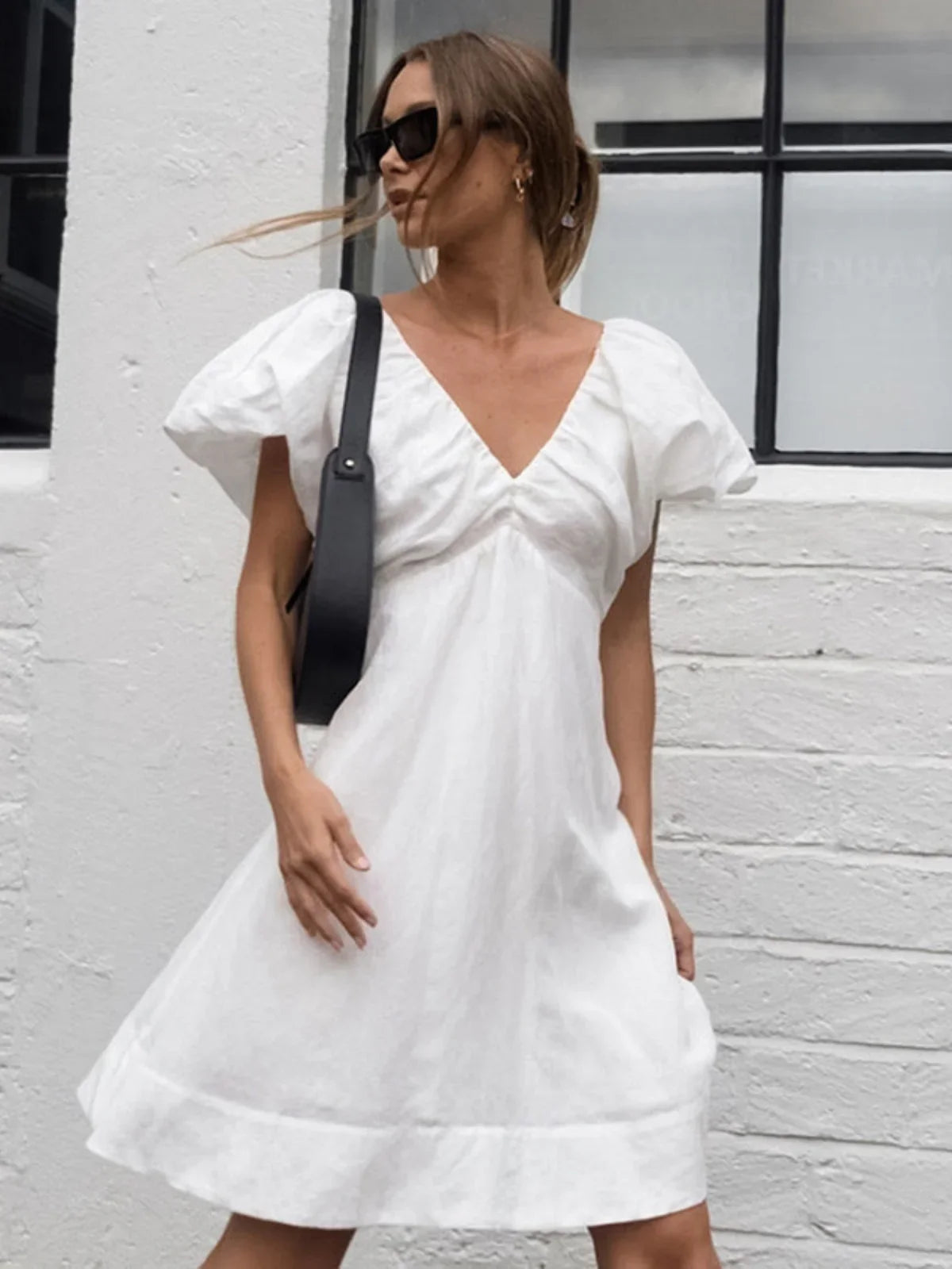 Cotton V-Neck Puff Sleeves Backless Dress - LA FEMME WANDERER
