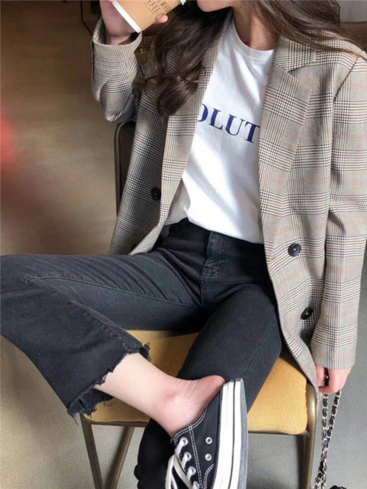 Collar Plaid Blazer - LA FEMME WANDERER