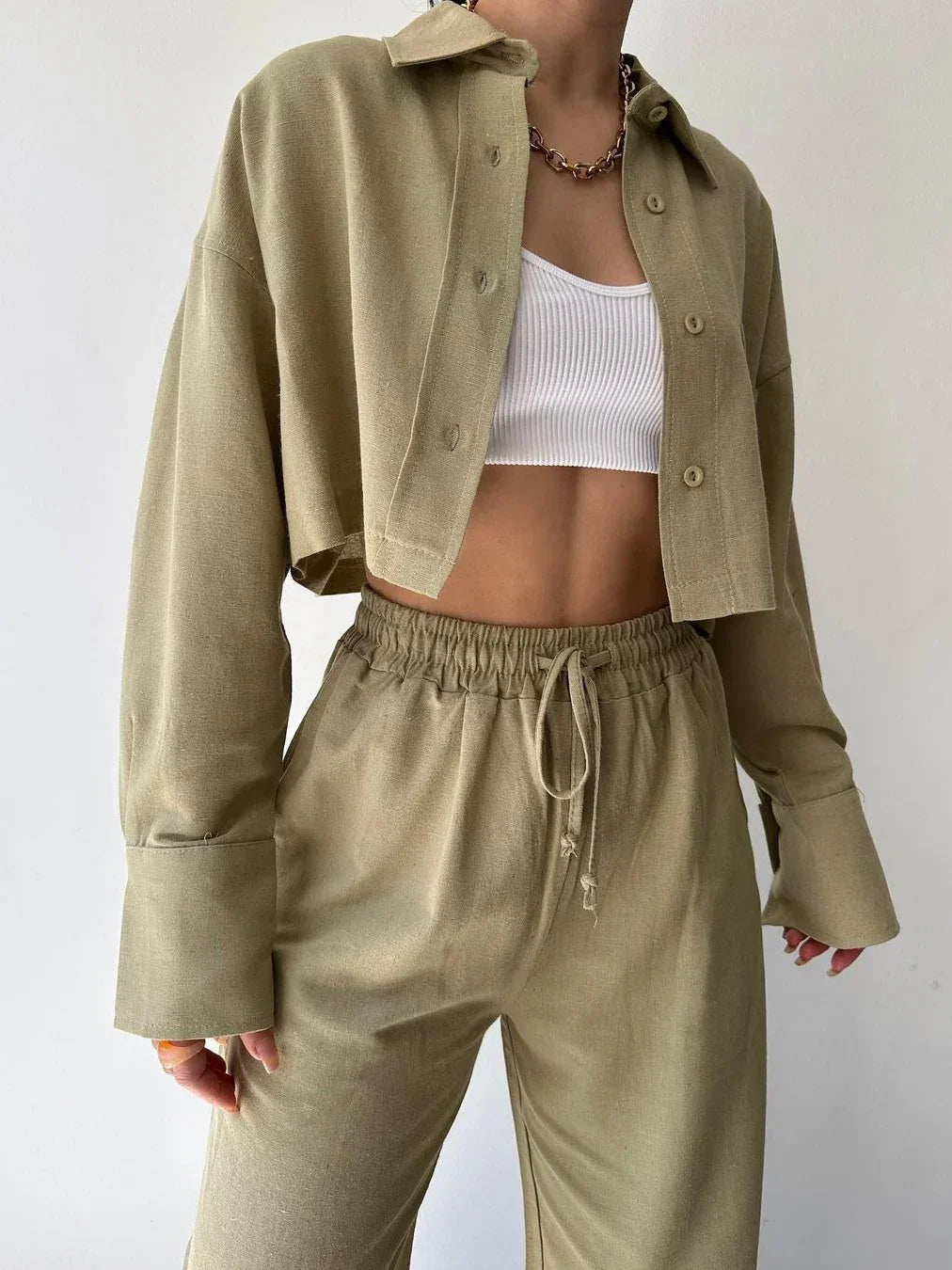 Casual Collared Drawstring Two Piece Pants Set - LA FEMME WANDERER