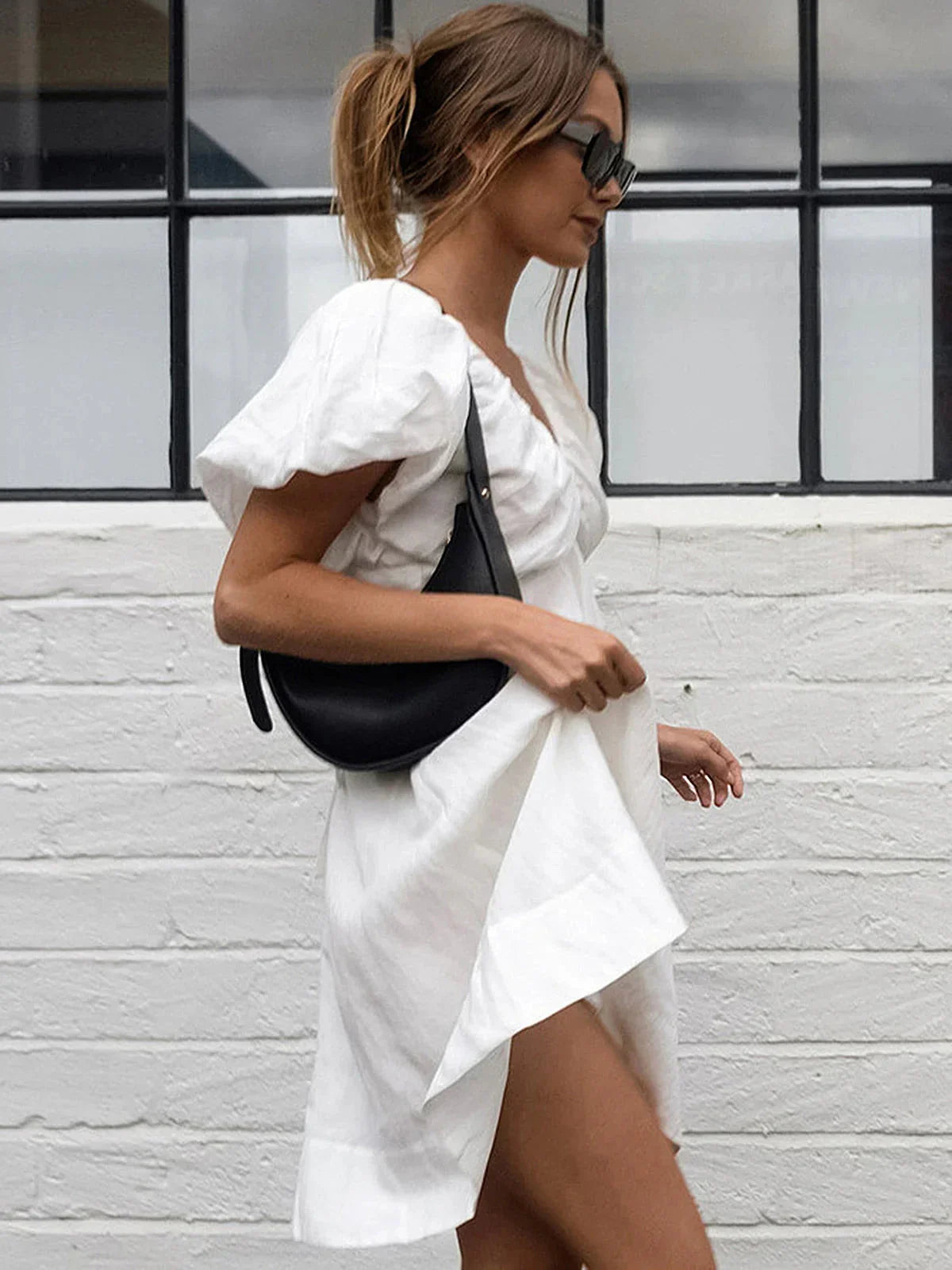 Cotton V-Neck Puff Sleeves Backless Dress - LA FEMME WANDERER