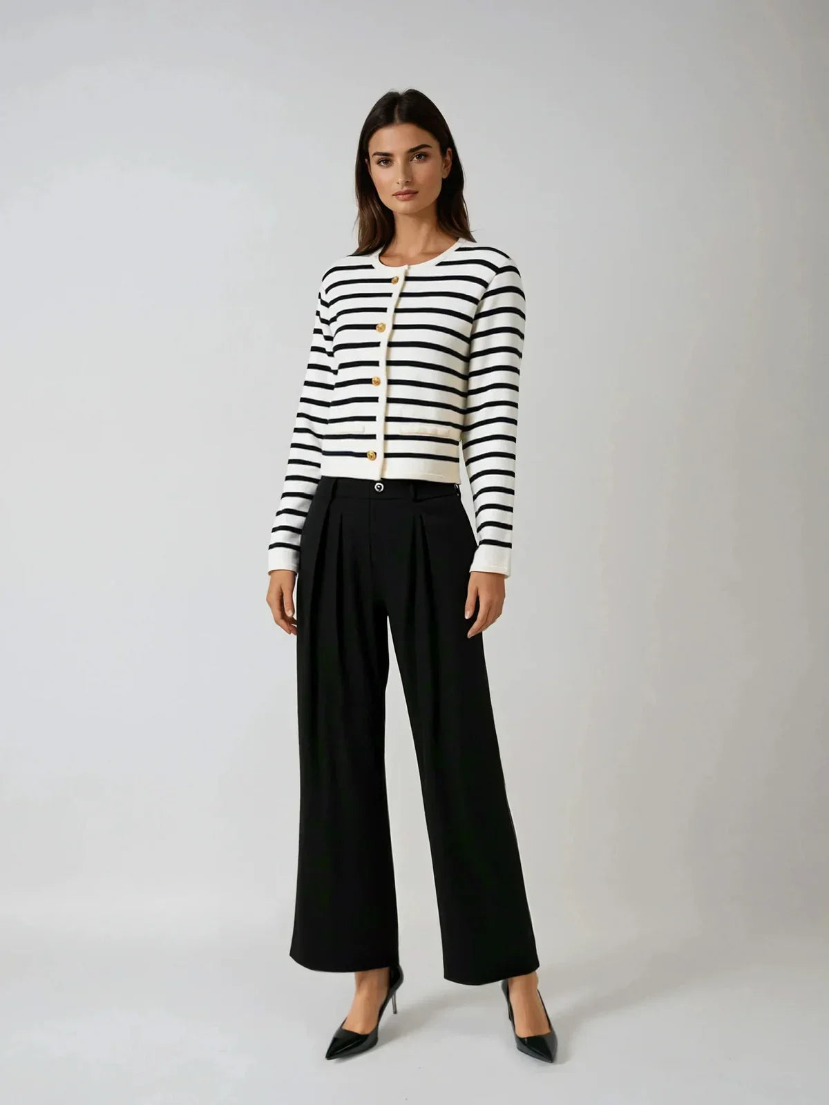 Classic Stripe Button-Up Knitted Cardigan - LA FEMME WANDERER