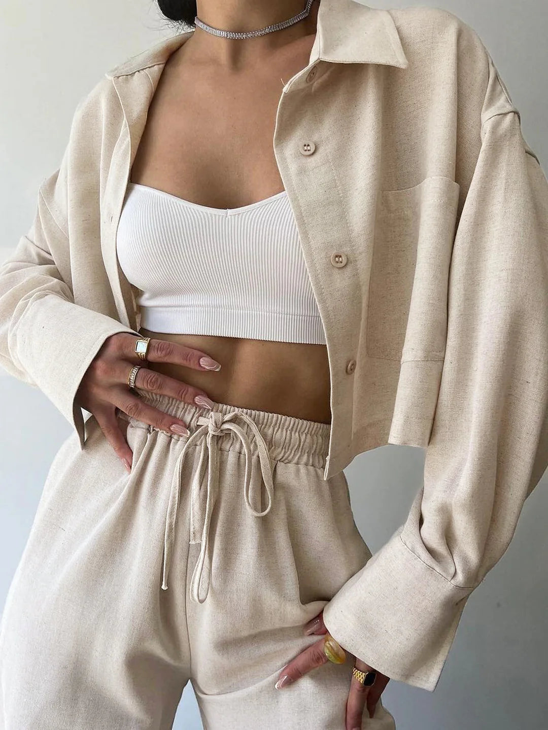 Casual Collared Drawstring Two Piece Pants Set - LA FEMME WANDERER