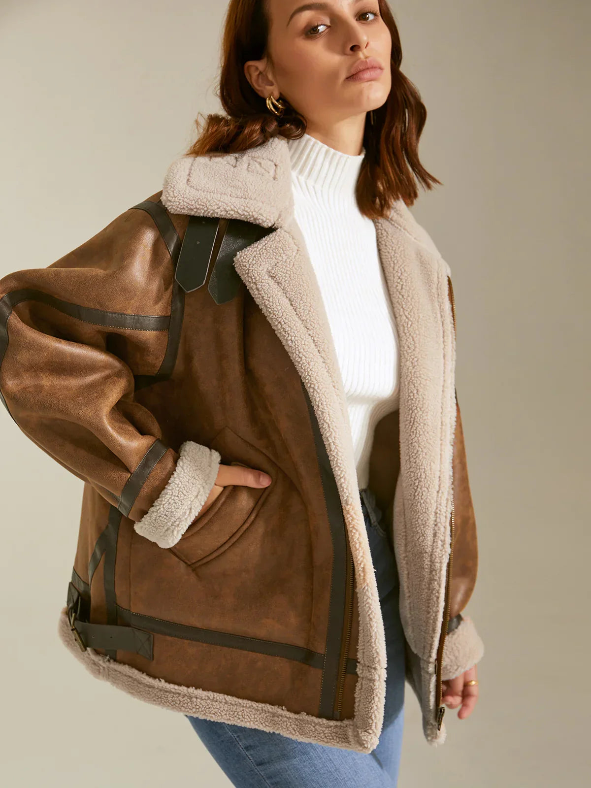 Sherpa Lined Suede Shearling Flight Jacket - LA FEMME WANDERER