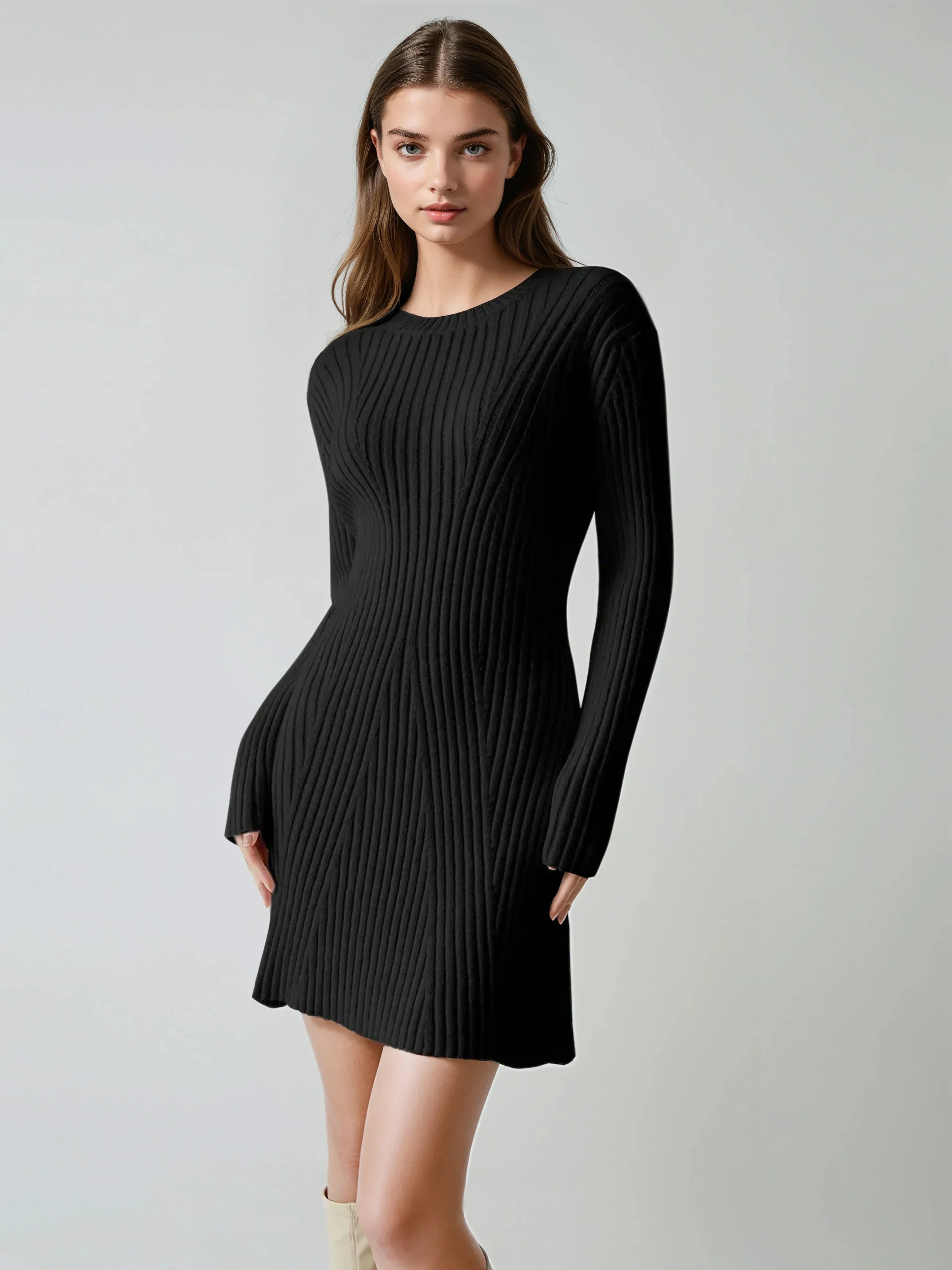 Rib Long Sleeve Short Sweater Dress - LA FEMME WANDERER