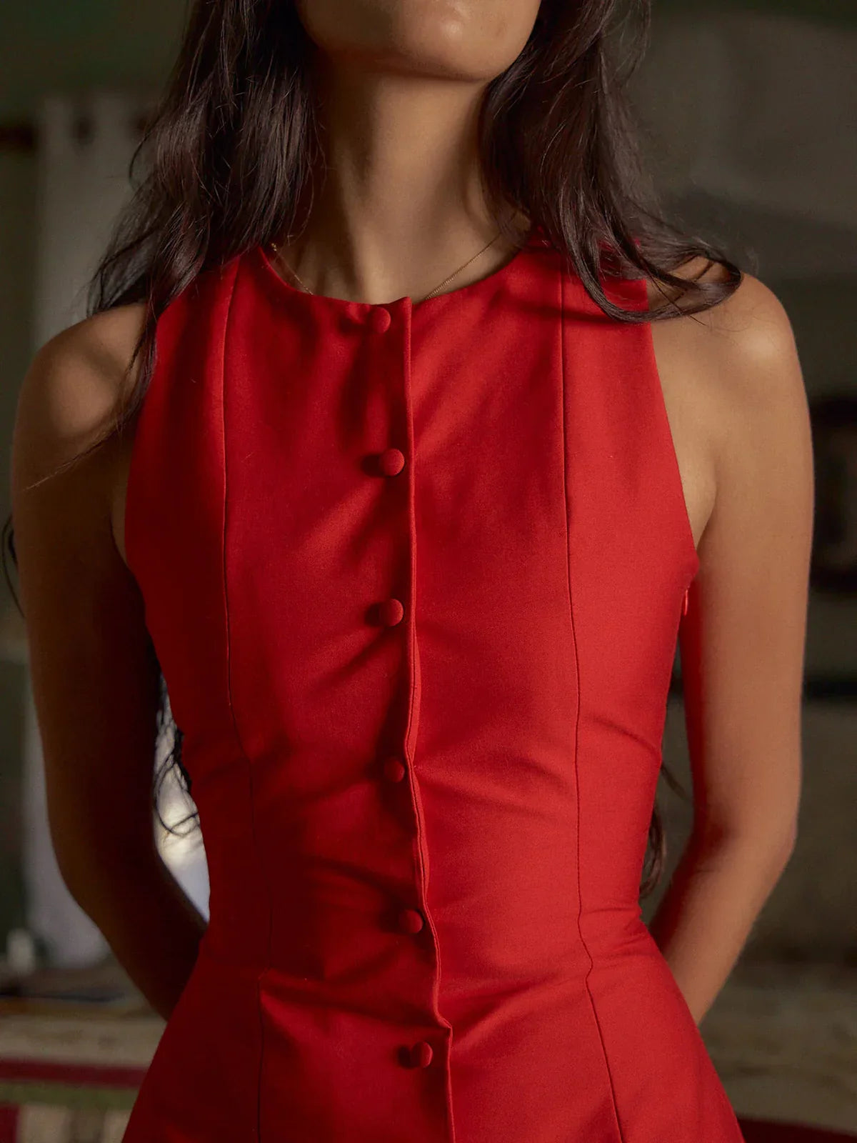 Button-Front Sleeveless Short Dress - LA FEMME WANDERER