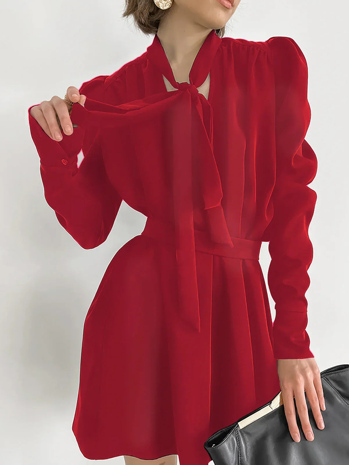 Bow Neckline Lantern Sleeve Short Dress - LA FEMME WANDERER