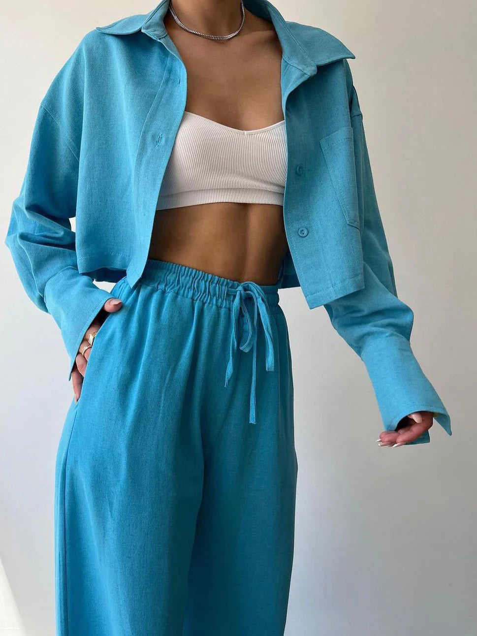 Casual Collared Drawstring Two Piece Pants Set - LA FEMME WANDERER