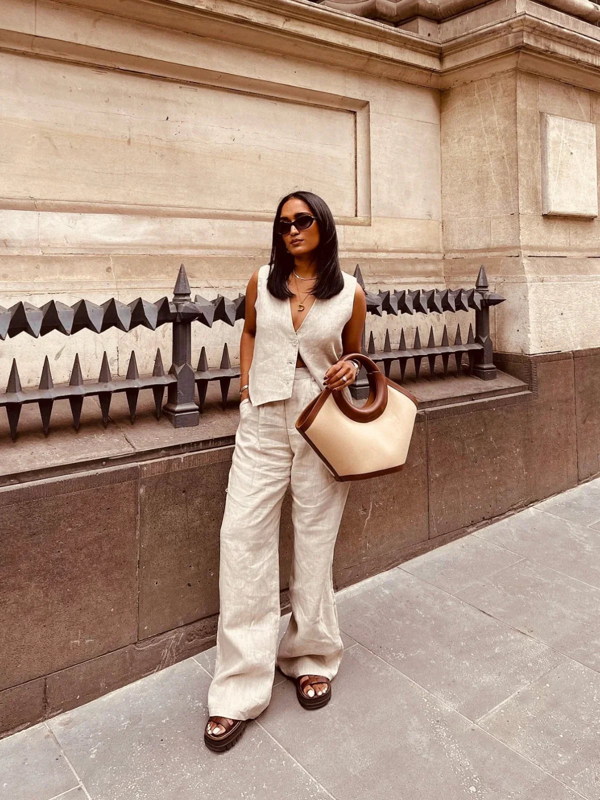 Linen Sleeveless Vest & Trousers Two-piece Set - LA FEMME WANDERER