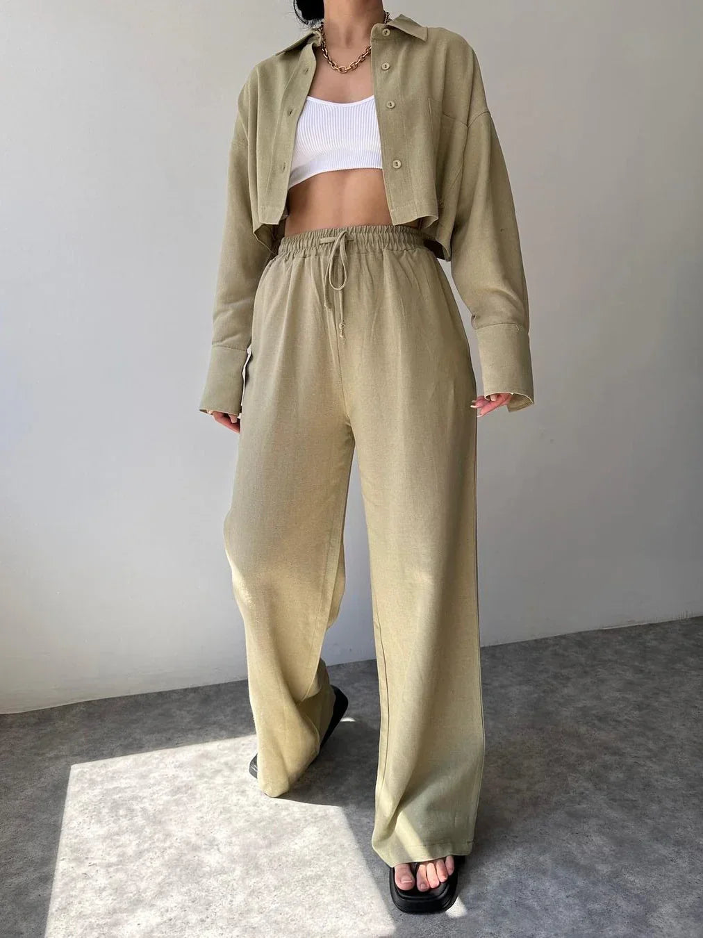 Casual Collared Drawstring Two Piece Pants Set - LA FEMME WANDERER