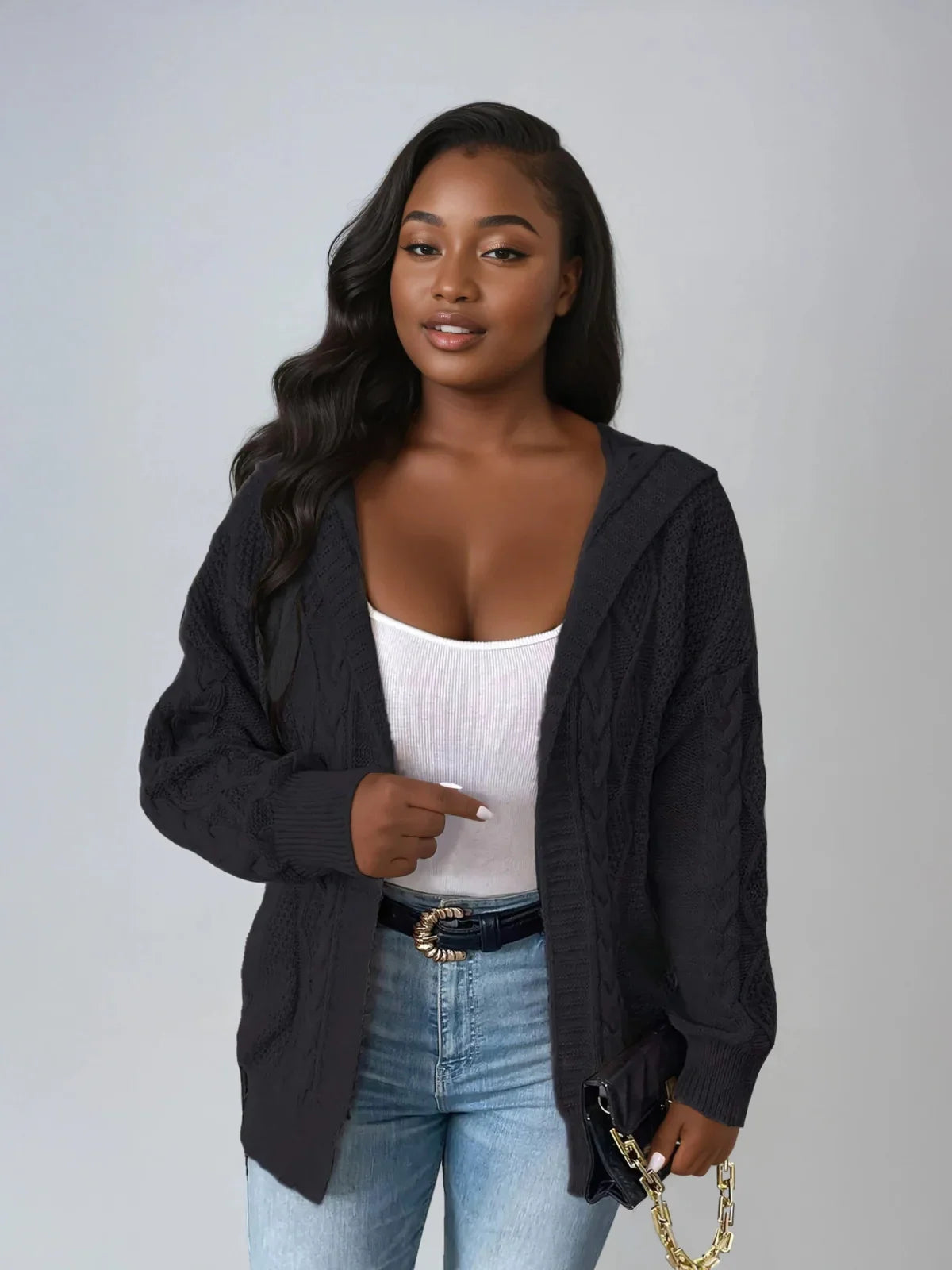 Plus Size Hooded Cable Knit Cardigan Open Front Casual - LA FEMME WANDERER