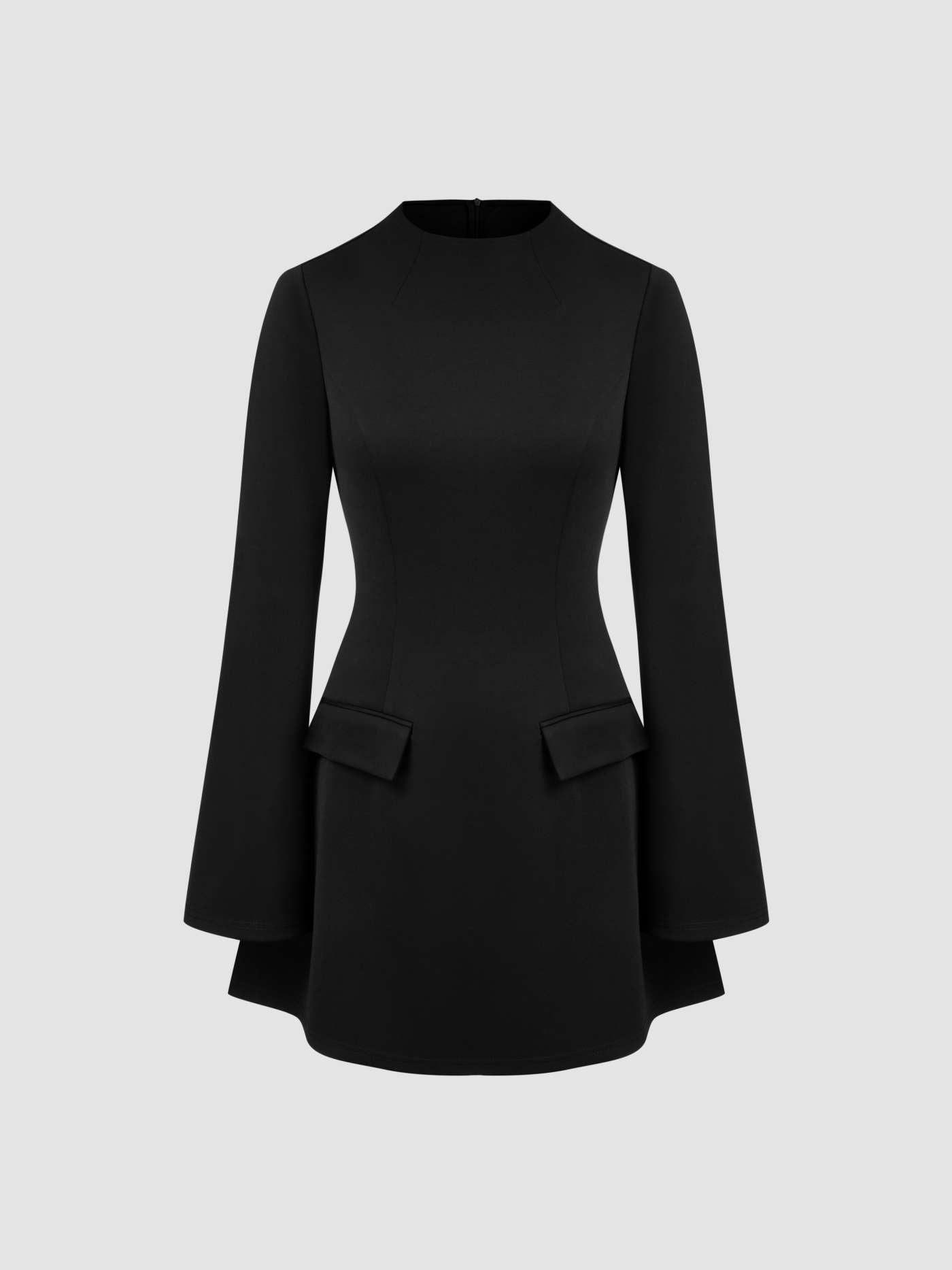 High Neck Solid Long Sleeve Mini Dress - LA FEMME WANDERER