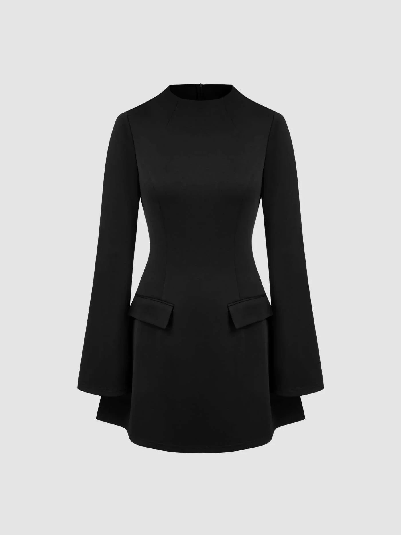 High Neck Solid Long Sleeve Mini Dress - LA FEMME WANDERER