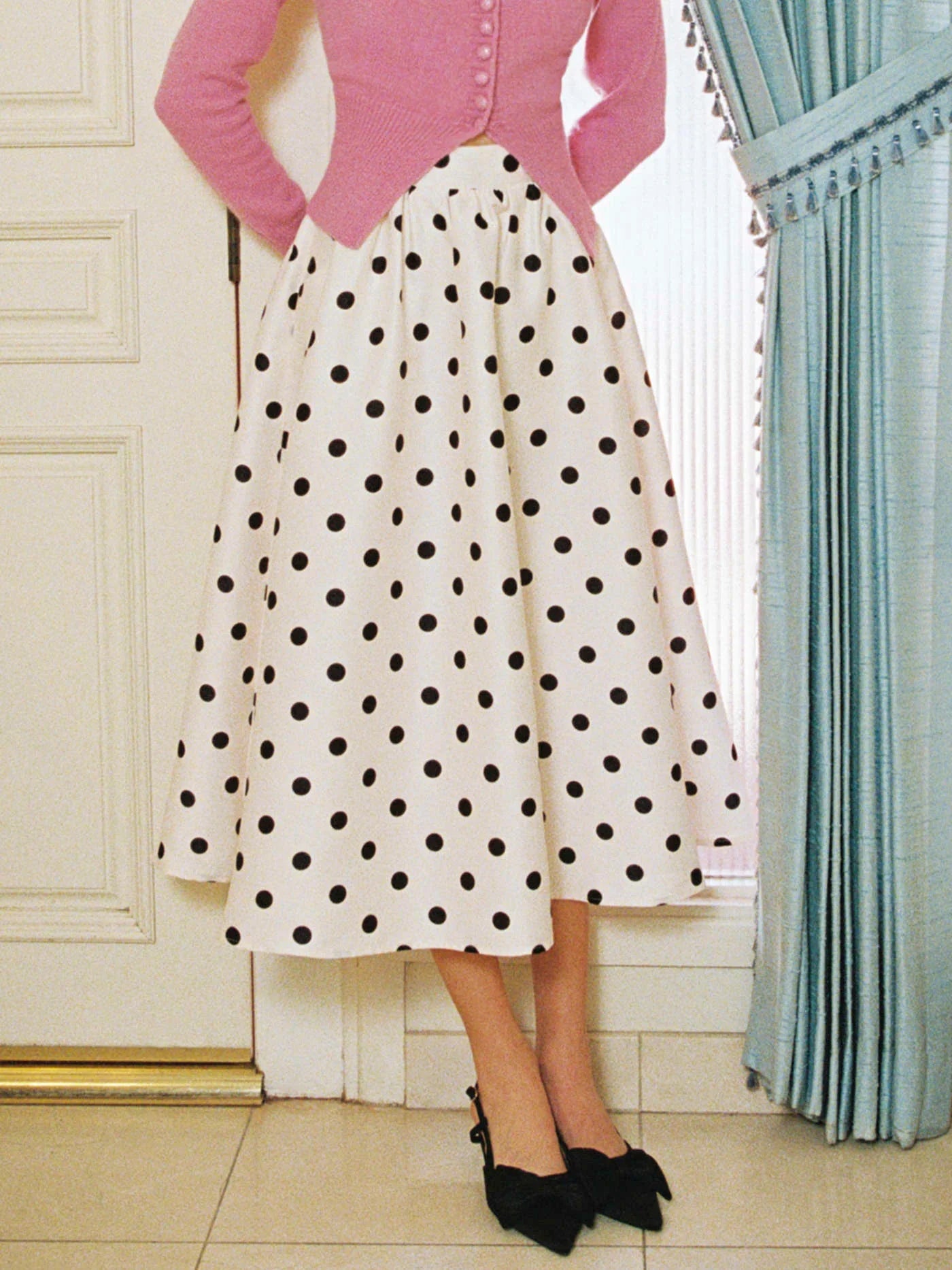 Mid Rise Polka Dot Pocket Ruffle Maxi Skirt - LA FEMME WANDERER