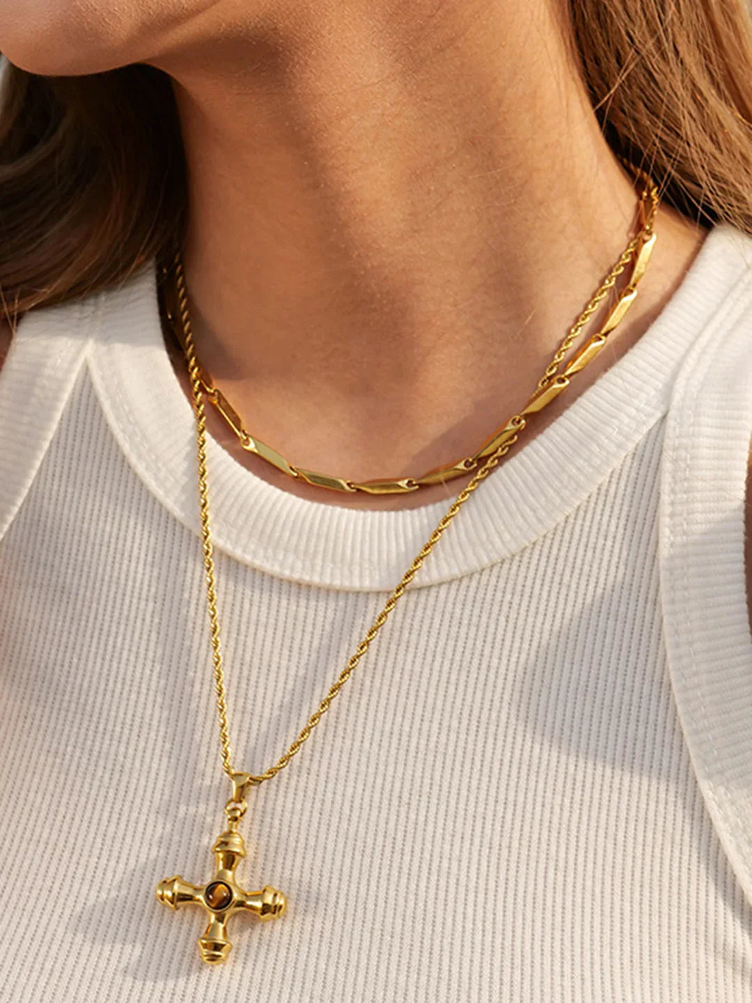 Cats Eye Stainless Steel Cross Necklace - LA FEMME WANDERER