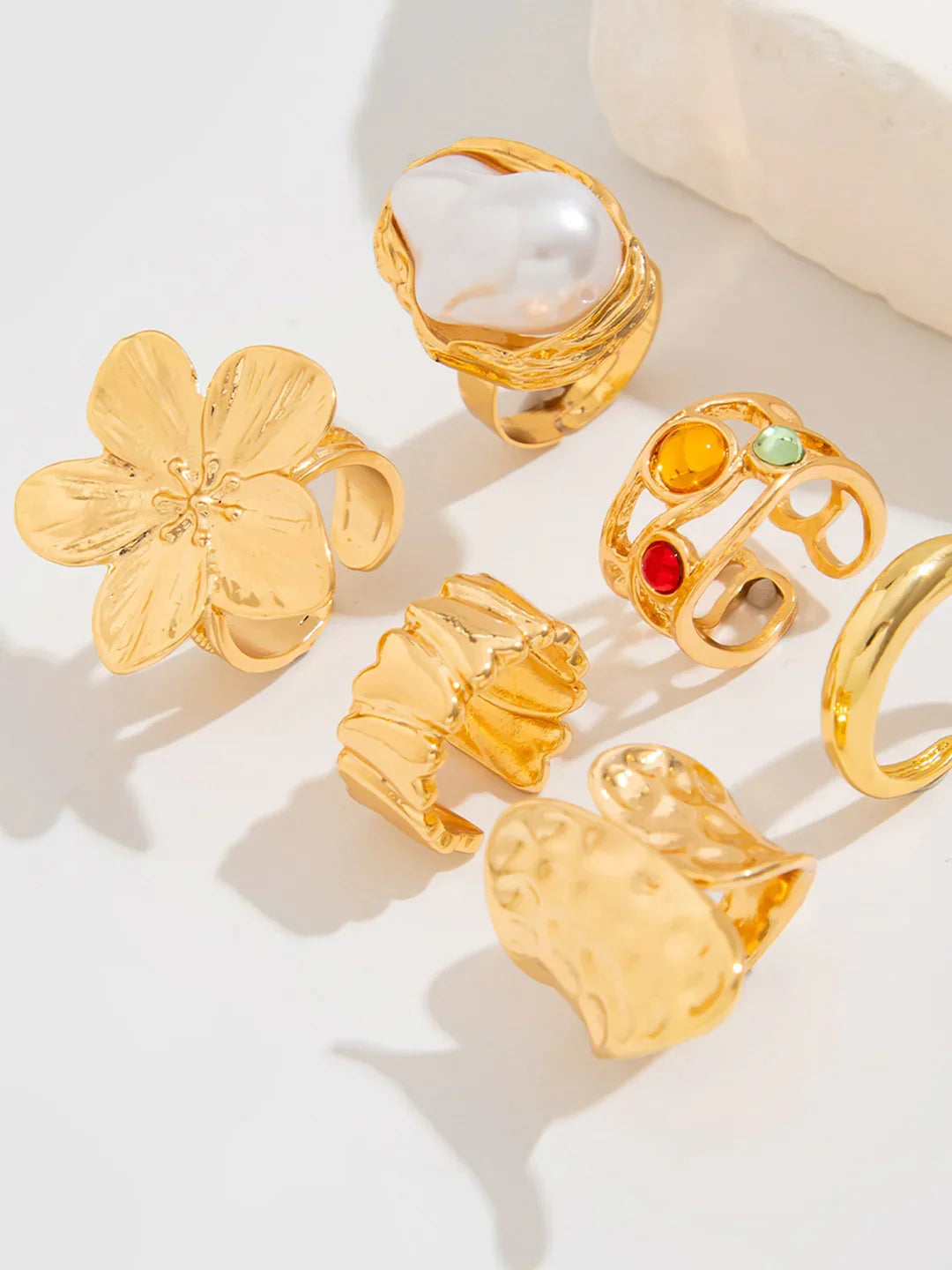 Six-Piece Statement Ring Set With Pearl & Floral Accents - LA FEMME WANDERER