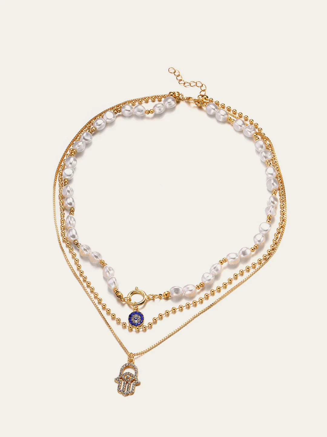 Pearl & Hamsa Hand Multi-Layer Necklace Set - LA FEMME WANDERER