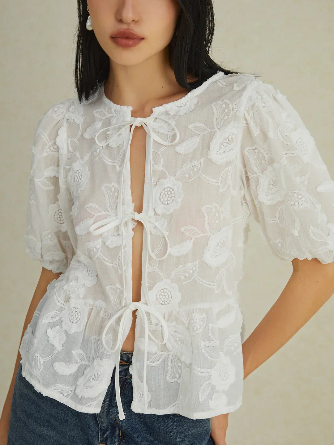 Floral Knotted Puff Sleeve Shirt - LA FEMME WANDERER