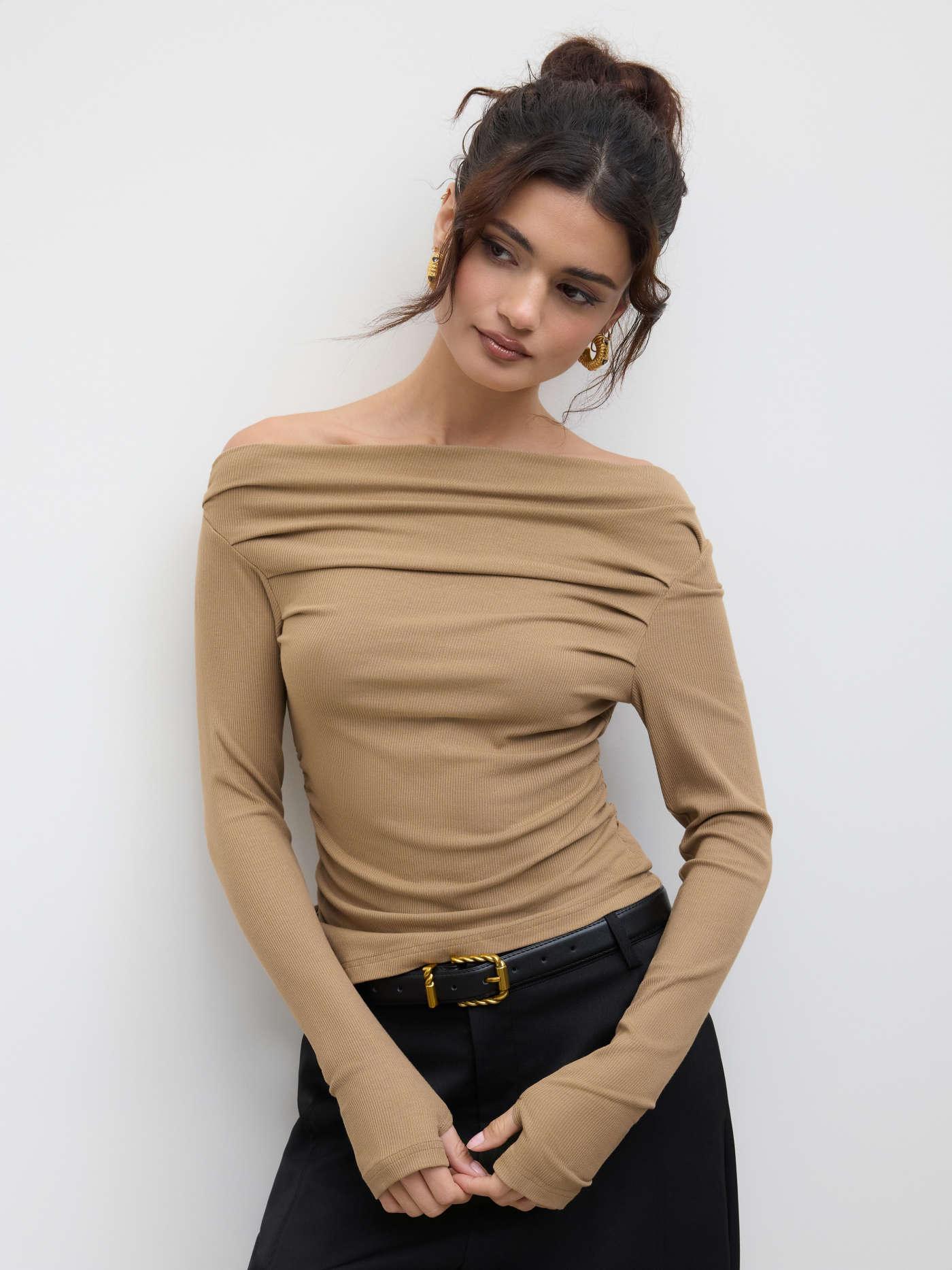 Solid Asymmetrical Neck Long Sleeve Top - LA FEMME WANDERER