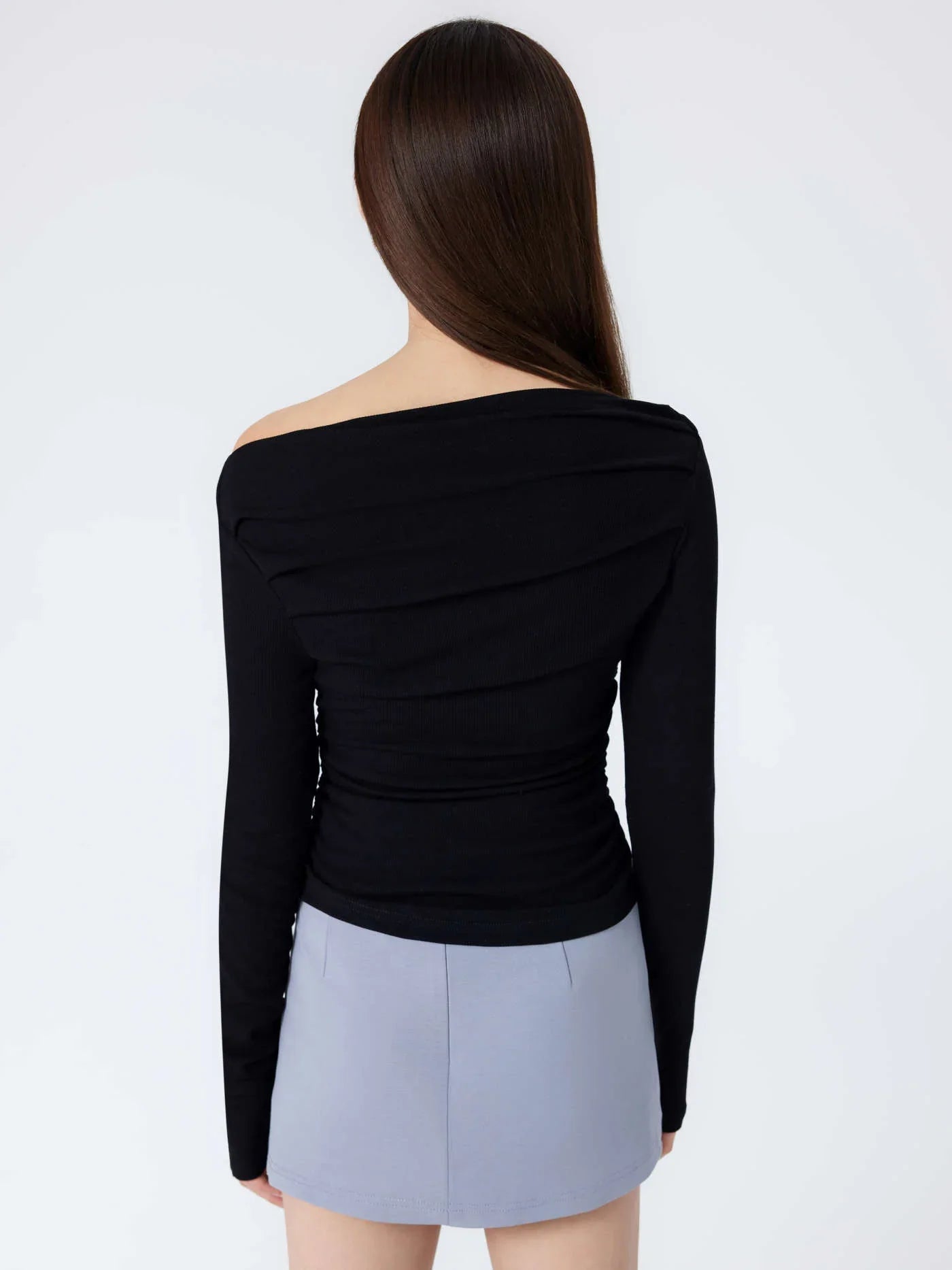 Solid Asymmetrical Neck Long Sleeve Top - LA FEMME WANDERER