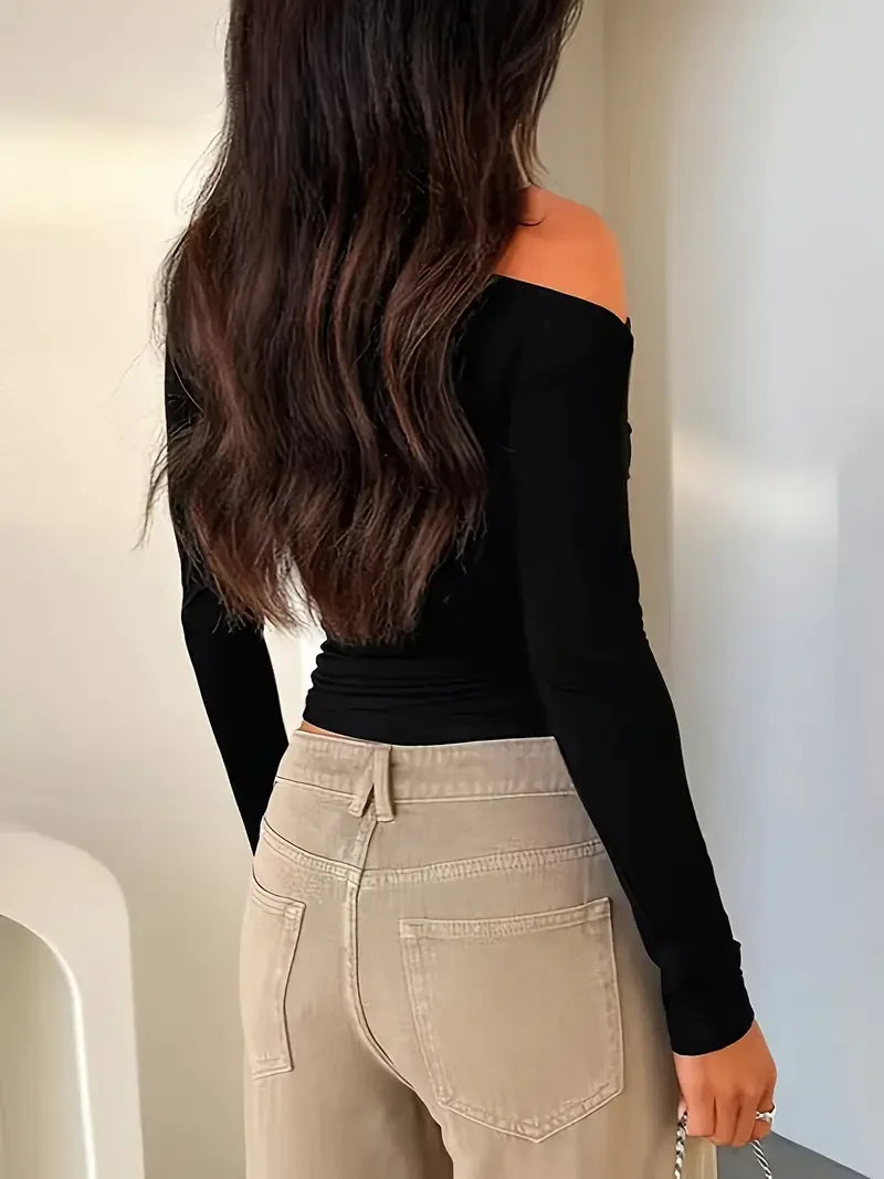 Casual Style Slant Shoulder Slim Long Sleeve Top - LA FEMME WANDERER