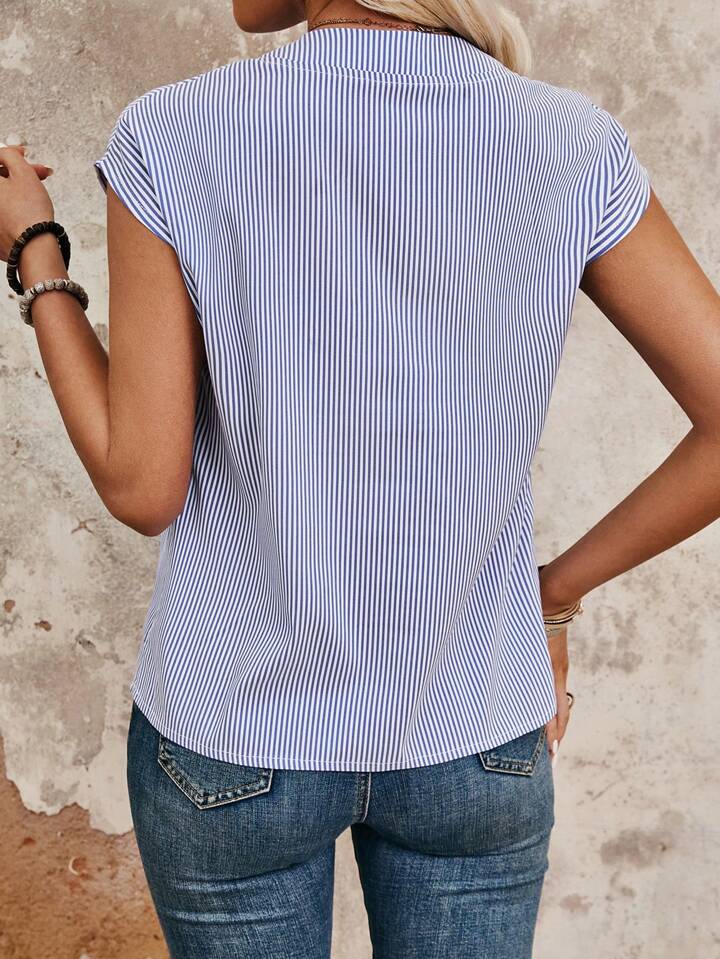 Notched Collar Pinstripe V-Neck Blouse