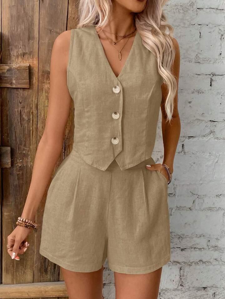 Linen Single-Breasted Button Vest And Shorts Set - LA FEMME WANDERER