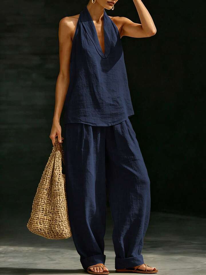 Elegant Style Halter Top & Wide-Leg Pants Co-Ord