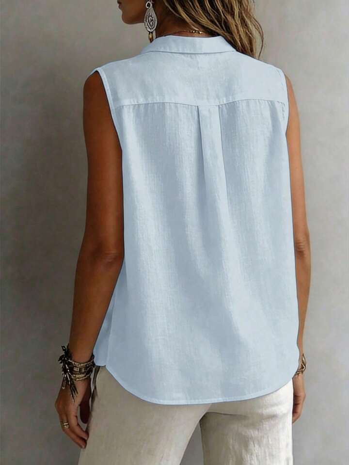 Quiet Luxury Button-Up Top – Minimalist Sleeveless Blouse for Timeless Wardrobe Staples