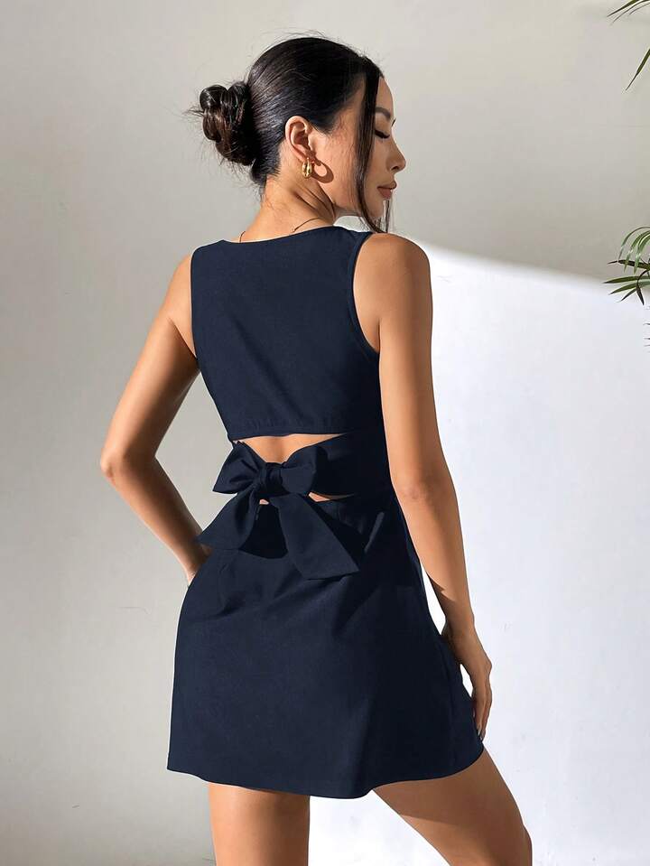 Quiet Luxury Open Back Dress – Refined Sleeveless Mini Dress with Chic Bow Tie Design