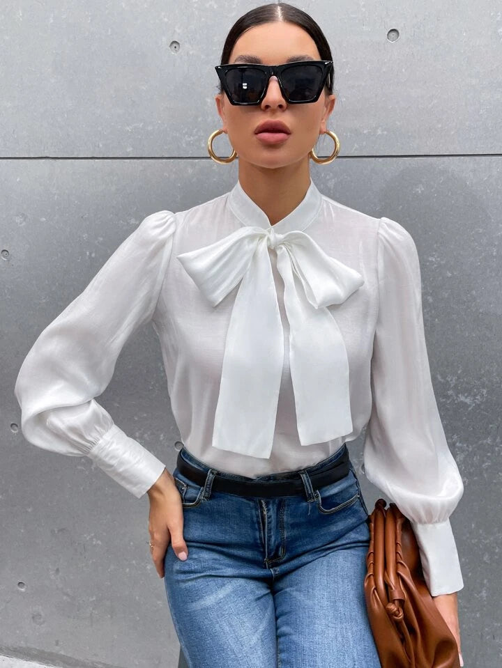 French Style Tie Neck Puff Sleeve Satin Blouse - LA FEMME WANDERER