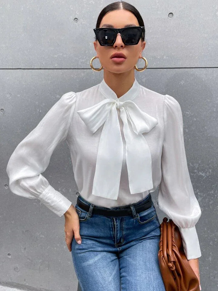 French Style Tie Neck Puff Sleeve Satin Blouse - LA FEMME WANDERER