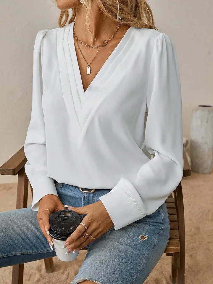 Always Chic V-Neck Long Sleeve Solid Blouse - LA FEMME WANDERER