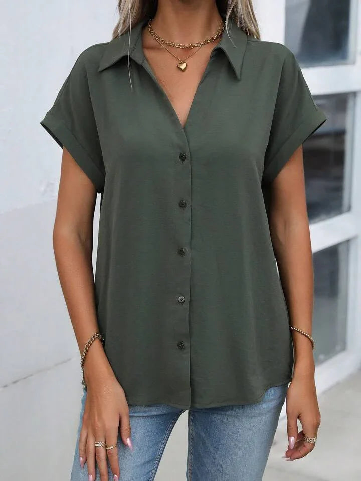Must-have Short-sleeved Lapel Button Shirt Top - LA FEMME WANDERER