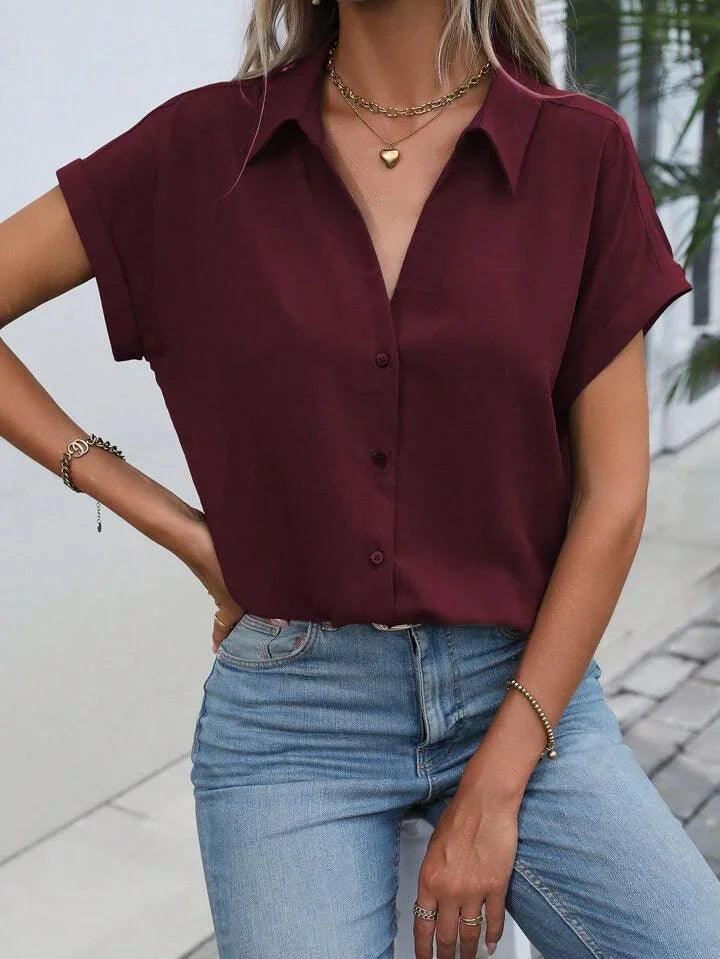 Must-have Short-sleeved Lapel Button Shirt Top - LA FEMME WANDERER