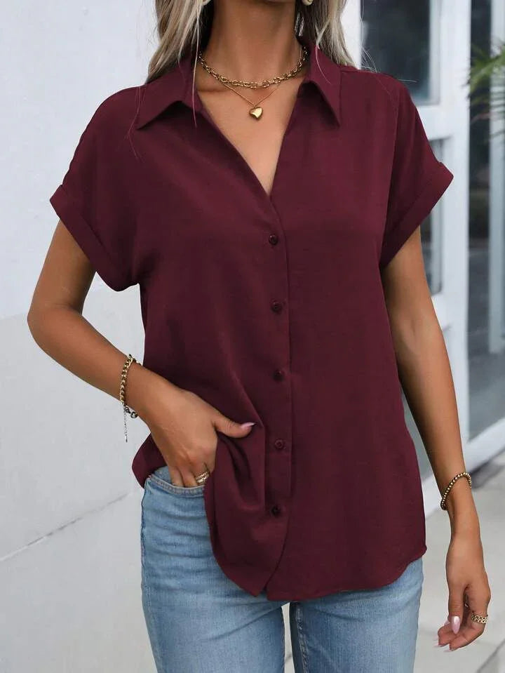 Must-have Short-sleeved Lapel Button Shirt Top - LA FEMME WANDERER