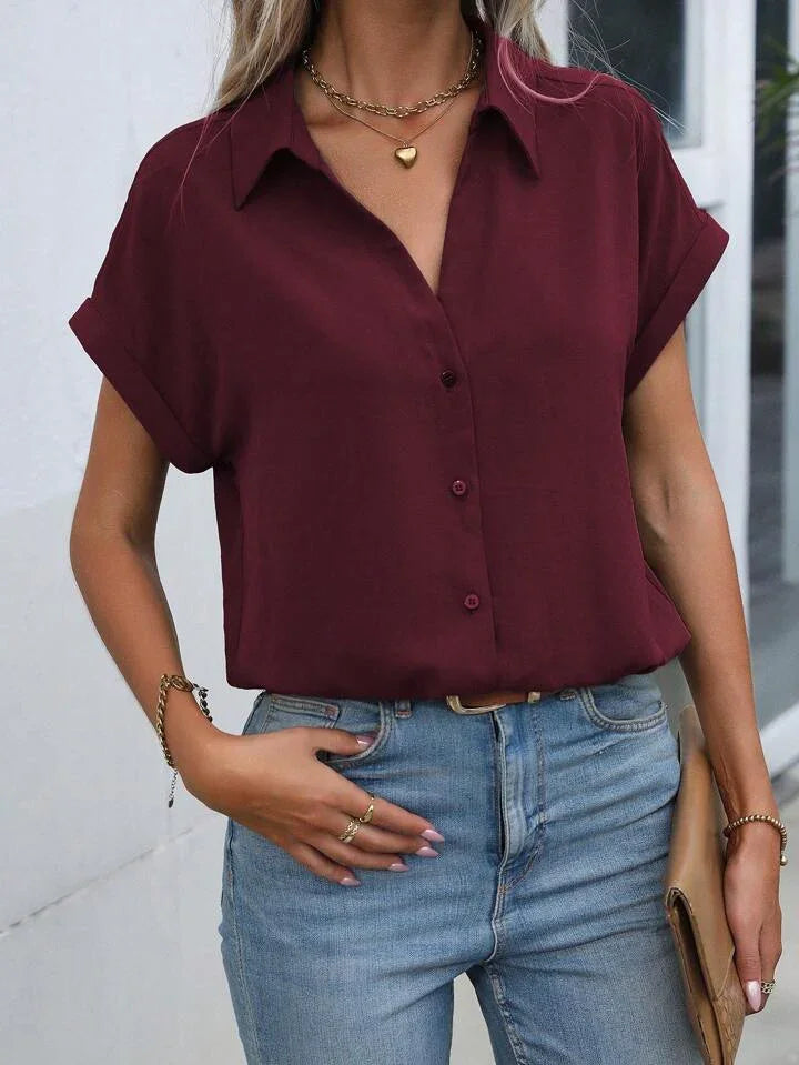 Must-have Short-sleeved Lapel Button Shirt Top - LA FEMME WANDERER