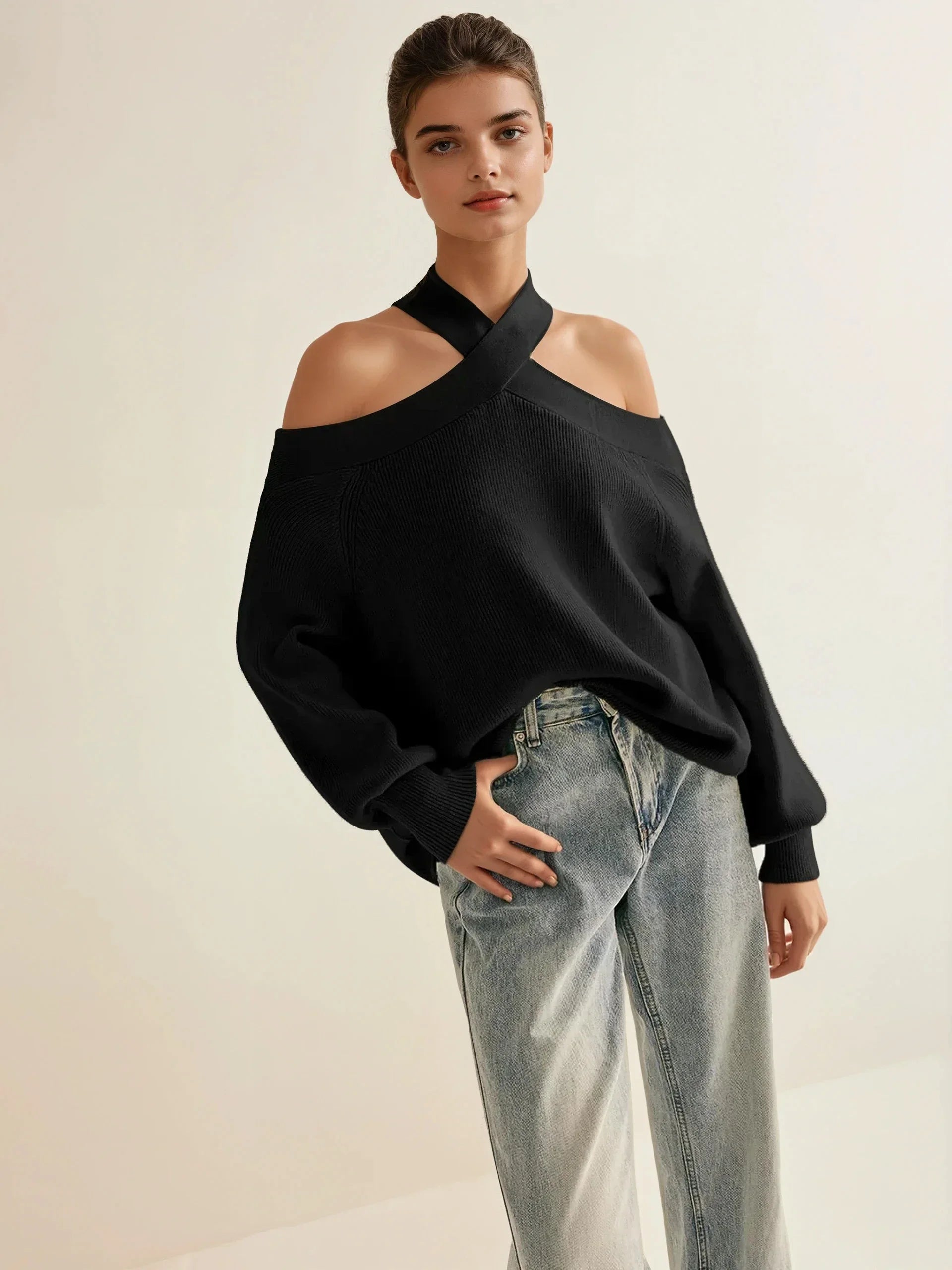 Off-Shoulder Crisscross Knit Sweater Top - LA FEMME WANDERER