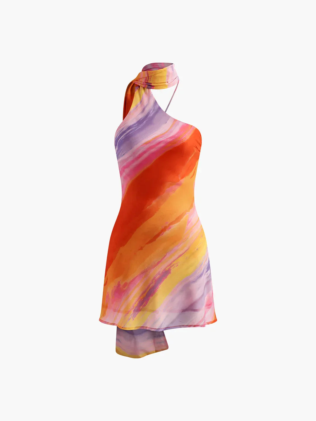 Semi-Sheer Halter Backless Tie Dye Short Dress - LA FEMME WANDERER