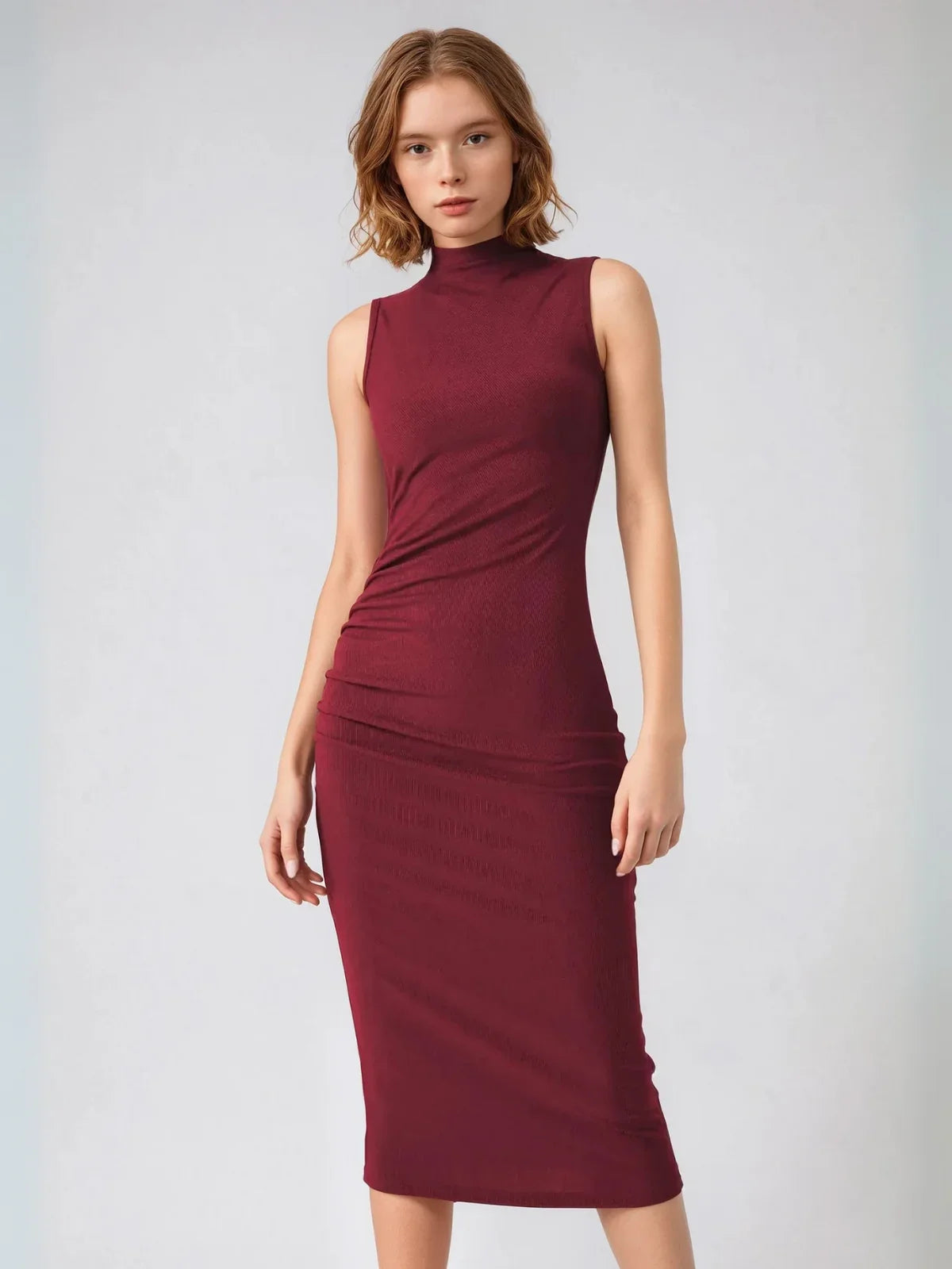 Sleeveless Round Neck Pleated Slit Dress - LA FEMME WANDERER